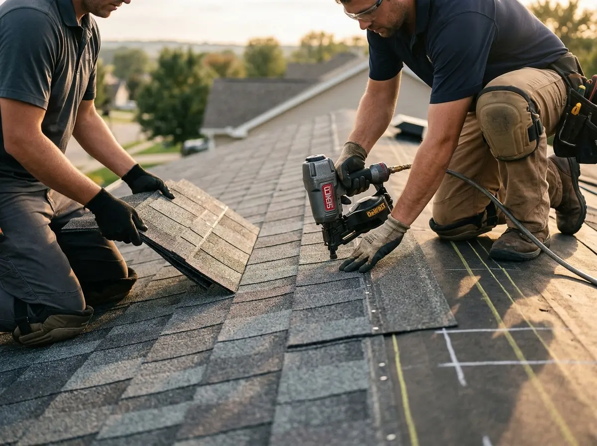 Professional roofer working on a residential roof in Greeley